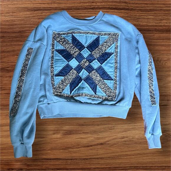 Upcycled Quilt crewneck, cropped sweatshirt, sleeve accent, Med / Lg - Picture 1 of 3